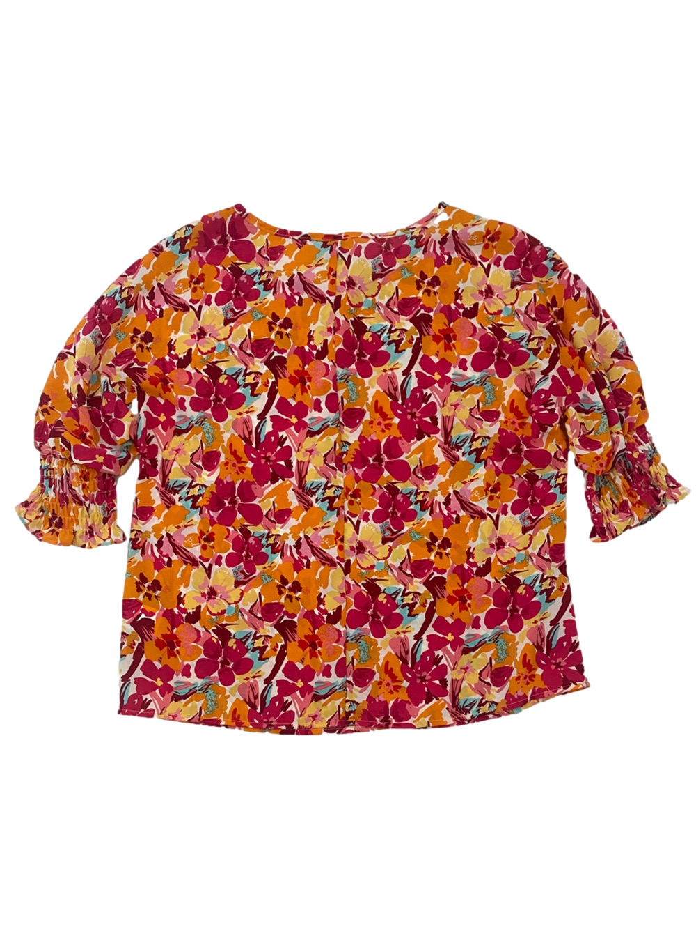 SHEIN Pink & Yellow Floral Ruffle-Sleeve Blouse, Size S, 100% Polyester - Picture 6 of 8
